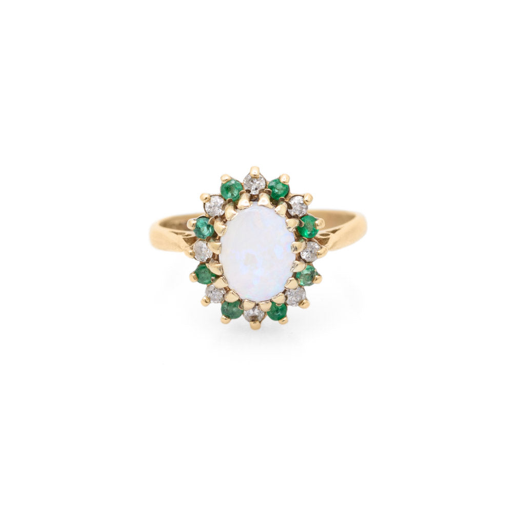 Vintage 9ct Gold Opal, Diamond & Emerald Halo Ring Ladies Size J1/2 H'mark 1990 (Code A701)
