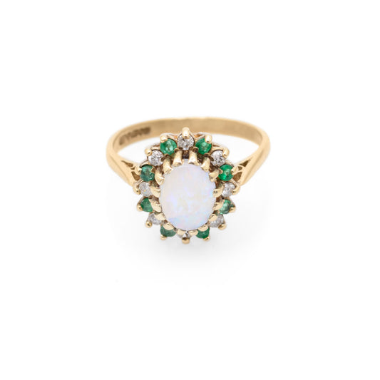 Vintage 9ct Gold Opal, Diamond & Emerald Halo Ring Ladies Size J1/2 H'mark 1990 (Code A701)