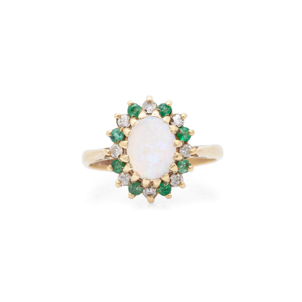 Vintage 9ct Gold Opal, Diamond & Emerald Halo Ring Ladies Size J1/2 H'mark 1990 (Code A701)