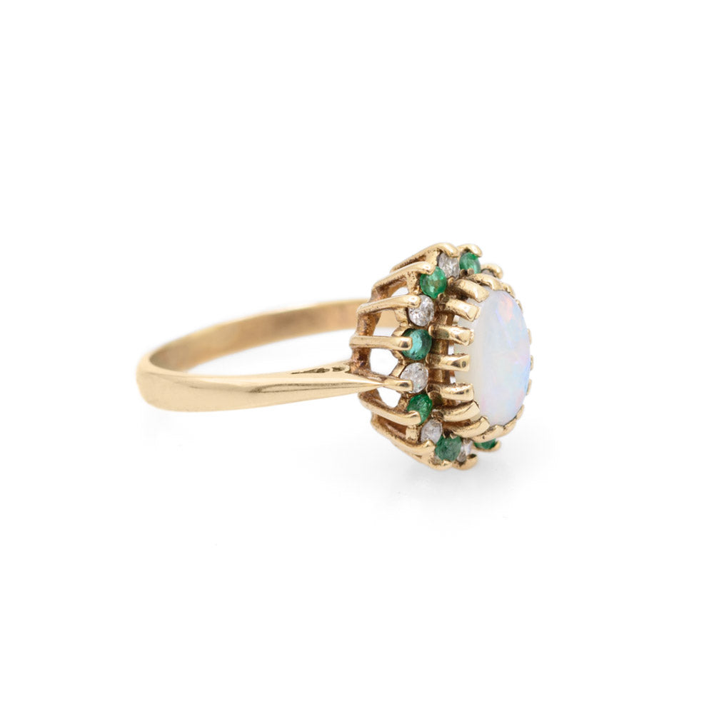 Vintage 9ct Gold Opal, Diamond & Emerald Halo Ring Ladies Size J1/2 H'mark 1990 (Code A701)