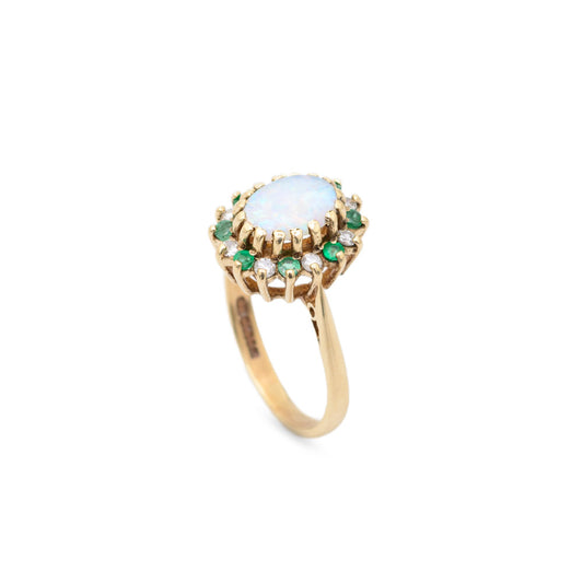 Vintage 9ct Gold Opal, Diamond & Emerald Halo Ring Ladies Size J1/2 H'mark 1990 (Code A701)
