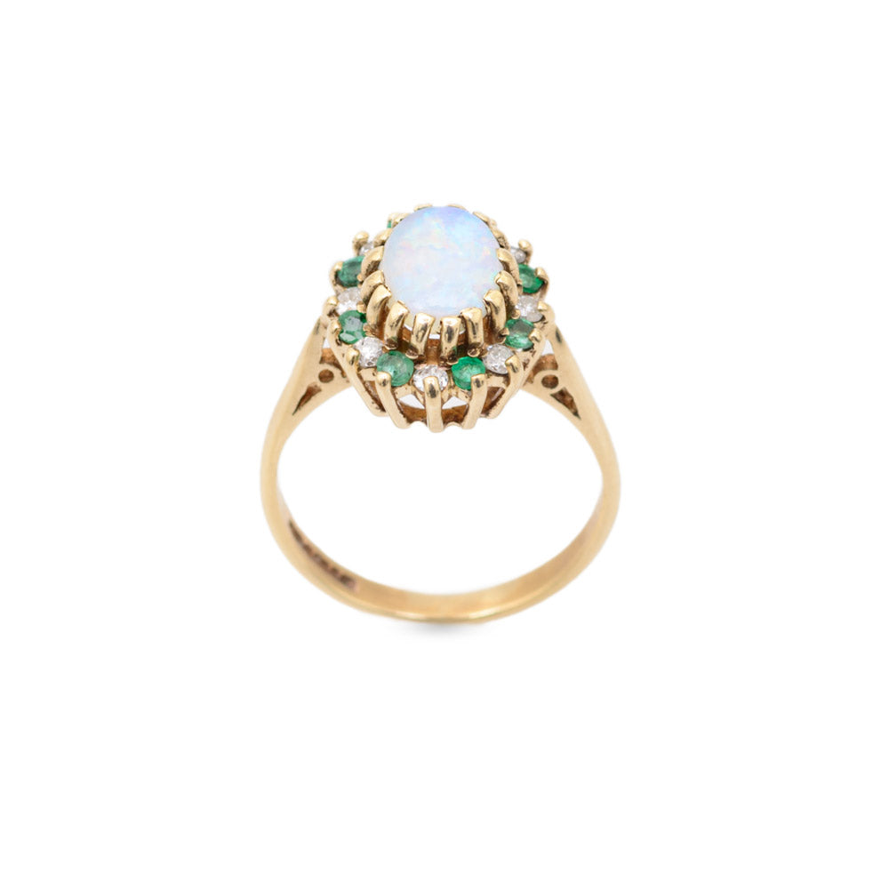 Vintage 9ct Gold Opal, Diamond & Emerald Halo Ring Ladies Size J1/2 H'mark 1990 (Code A701)