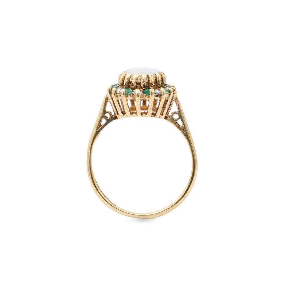 Vintage 9ct Gold Opal, Diamond & Emerald Halo Ring Ladies Size J1/2 H'mark 1990 (Code A701)