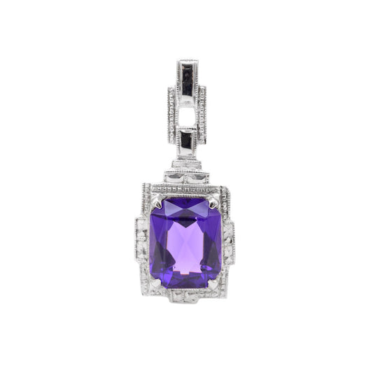 10K White Gold & Simulated Purple Amethyst Art Deco Design Pendant Dropper (Code A713)