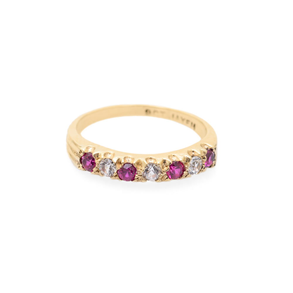 Vintage 9ct Gold Ruby & Rock Crystal Quartz Half Eternity Ring Ladies Size O  (Code A731)