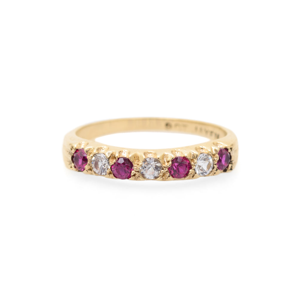 Vintage 9ct Gold Ruby & Rock Crystal Quartz Half Eternity Ring Ladies Size O  (Code A731)