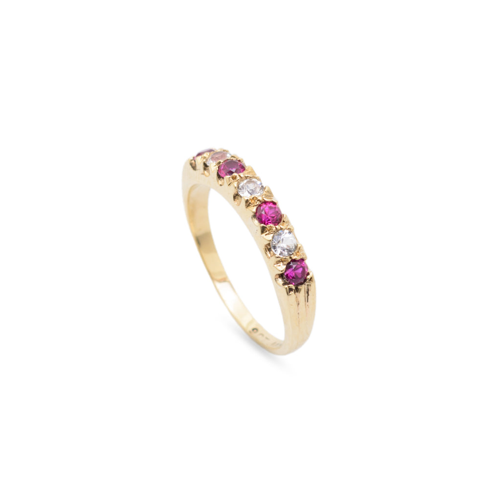 Vintage 9ct Gold Ruby & Rock Crystal Quartz Half Eternity Ring Ladies Size O  (Code A731)