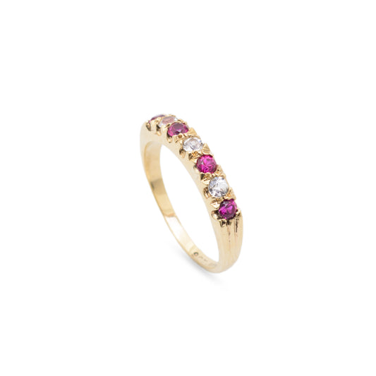 Vintage 9ct Gold Ruby & Rock Crystal Quartz Half Eternity Ring Ladies Size O  (Code A731)