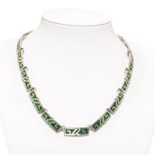 Vintage Sterling Silver Mexican Taxco Necklace With Malachite Inlay Panels (Code A739)