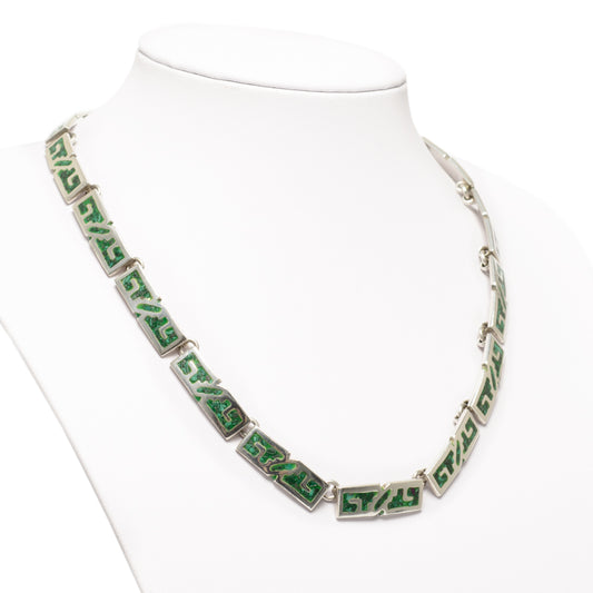 Vintage Sterling Silver Mexican Taxco Necklace With Malachite Inlay Panels (Code A739)