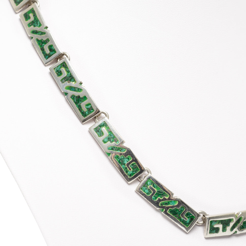 Vintage Sterling Silver Mexican Taxco Necklace With Malachite Inlay Panels (Code A739)