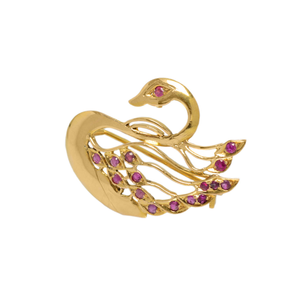 Antique 22ct Gold & Natural Ruby Set Swan Brooch/Pendant c.1920 (Code A742)