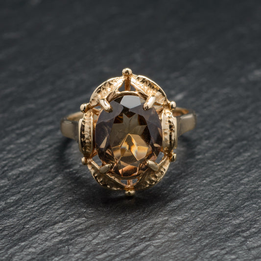 Vintage 9ct Gold & Smoky Quartz Ring With Decorative Mount Birmingham Hallmark 1979 Size O1/2 (Code A745)