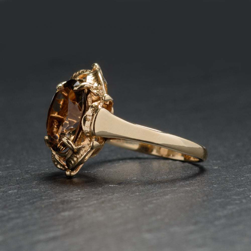 Vintage 9ct Gold & Smoky Quartz Ring With Decorative Mount Birmingham Hallmark 1979 Size O1/2 (Code A745)