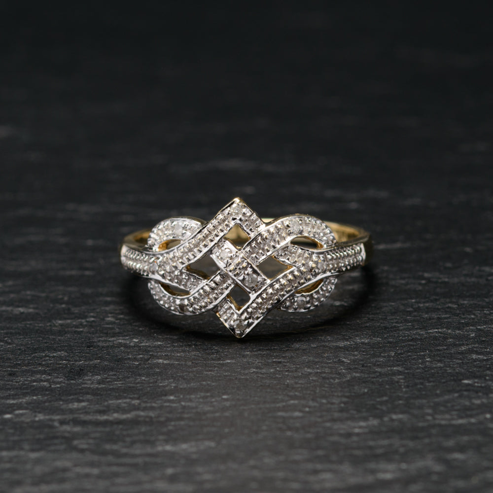 9ct Gold & Diamond Endless Knot Design Love/Promise Ring Sheffield Assay Size P (Code A757)