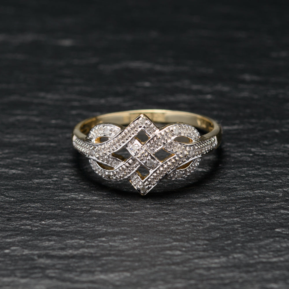9ct Gold & Diamond Endless Knot Design Love/Promise Ring Sheffield Assay Size P (Code A757)