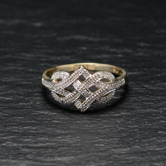 9ct Gold & Diamond Endless Knot Design Love/Promise Ring Sheffield Assay Size P (Code A757)