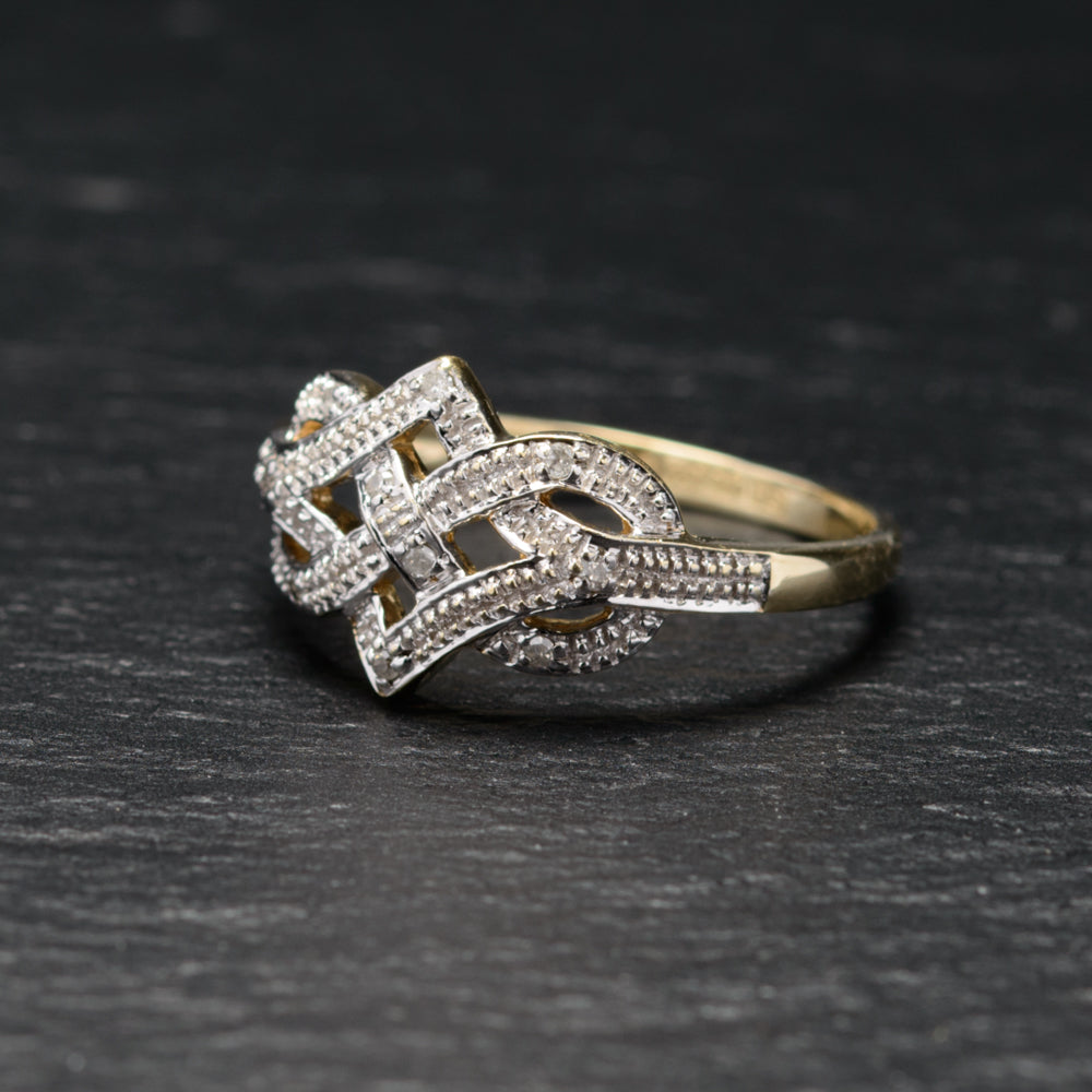 9ct Gold & Diamond Endless Knot Design Love/Promise Ring Sheffield Assay Size P (Code A757)