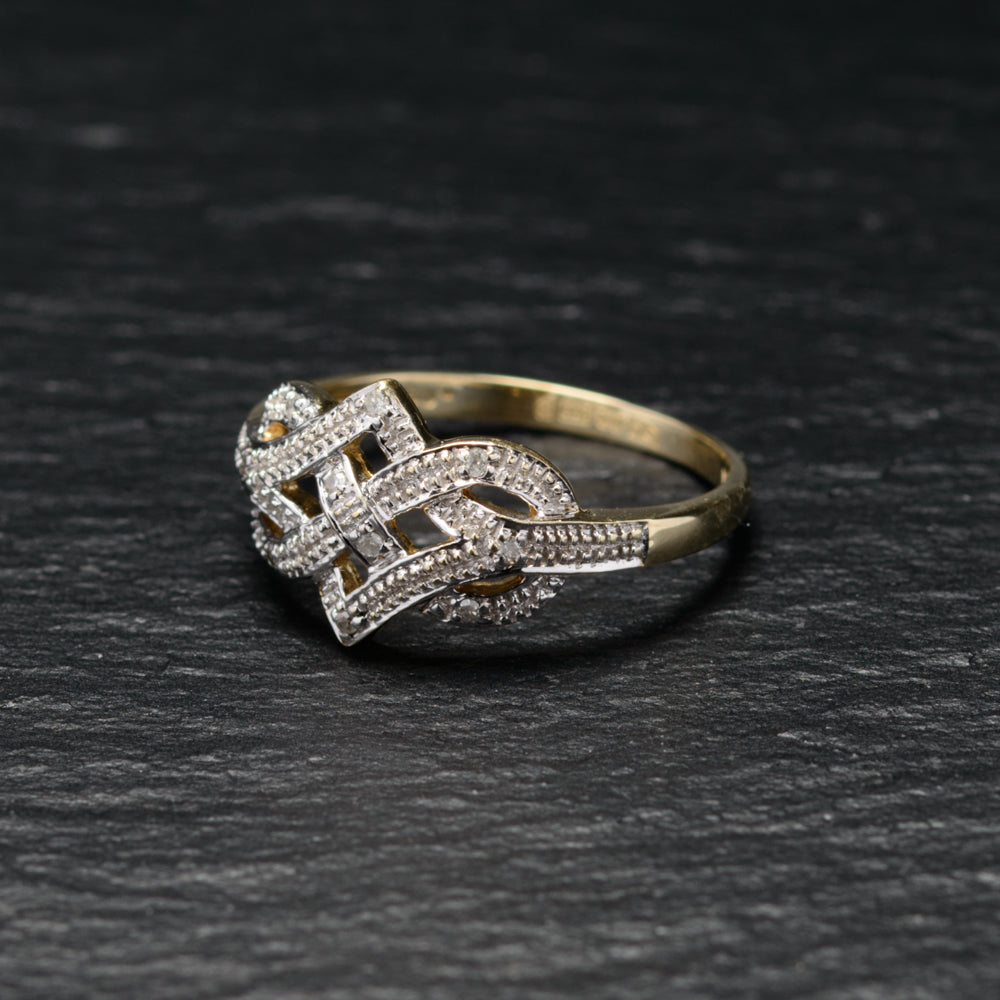 9ct Gold & Diamond Endless Knot Design Love/Promise Ring Sheffield Assay Size P (Code A757)
