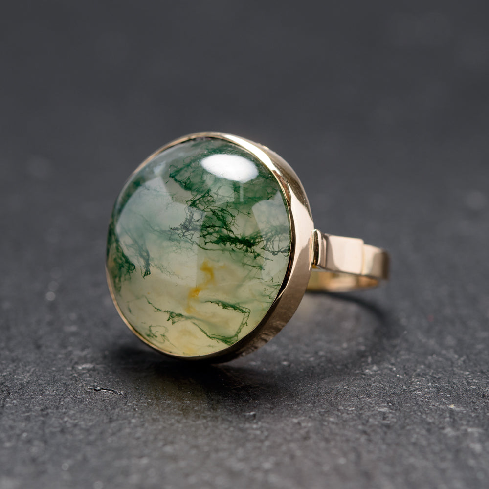 RESERVED FOR JILL Antique 9ct Gold & Large Moss Agate Cabochon Ring Size N (Code A761)