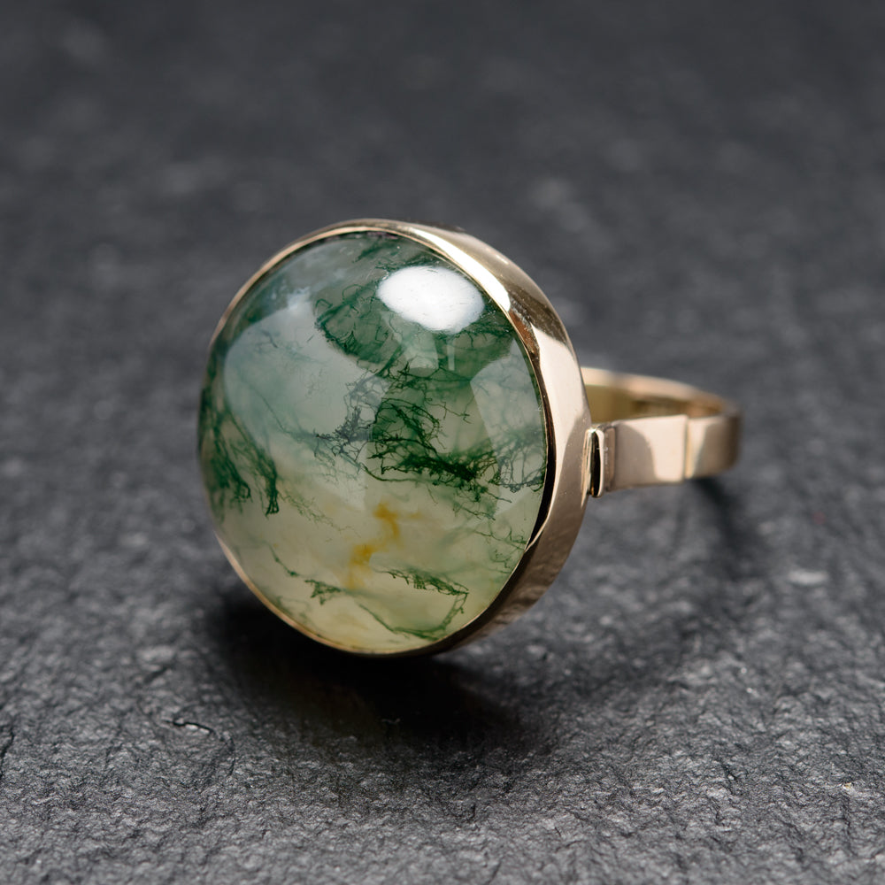 RESERVED FOR JILL Antique 9ct Gold & Large Moss Agate Cabochon Ring Size N (Code A761)