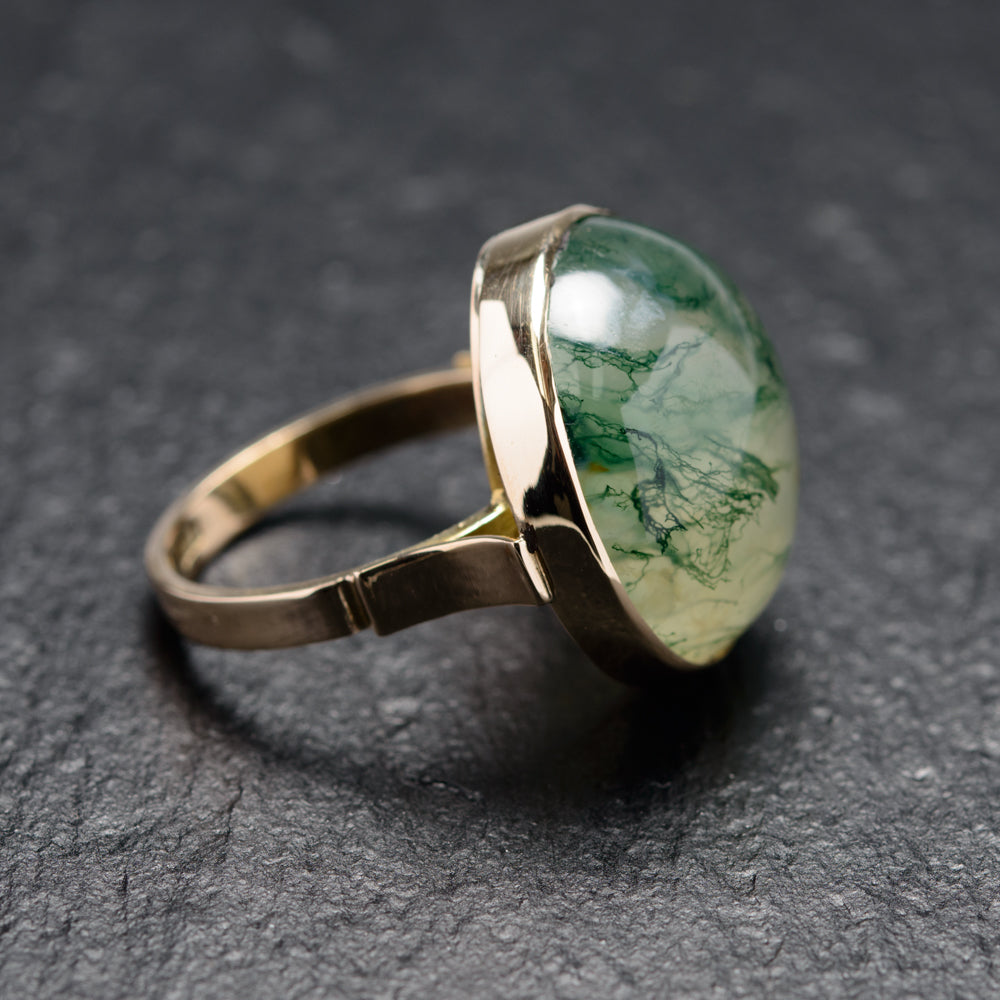 RESERVED FOR JILL Antique 9ct Gold & Large Moss Agate Cabochon Ring Size N (Code A761)