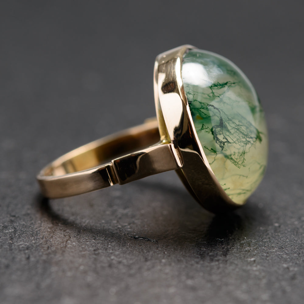 RESERVED FOR JILL Antique 9ct Gold & Large Moss Agate Cabochon Ring Size N (Code A761)
