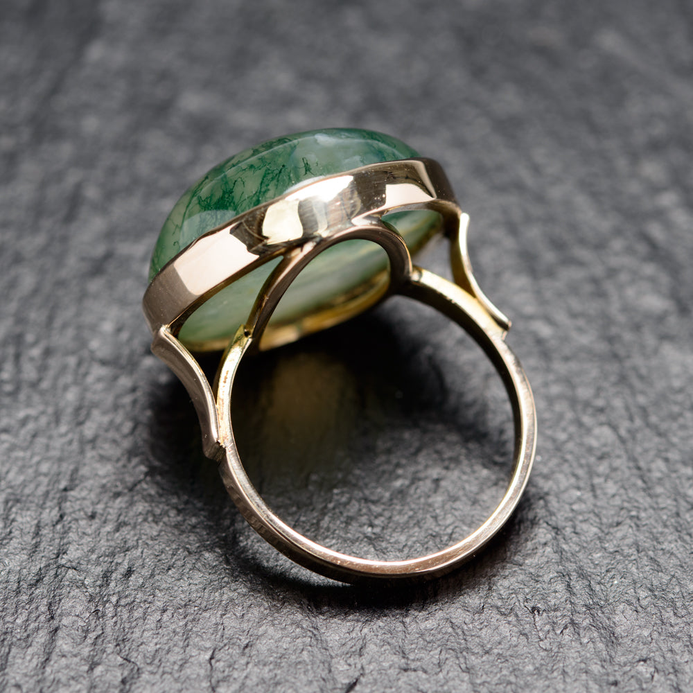RESERVED FOR JILL Antique 9ct Gold & Large Moss Agate Cabochon Ring Size N (Code A761)