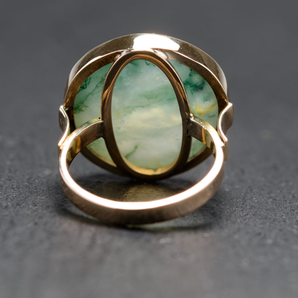 RESERVED FOR JILL Antique 9ct Gold & Large Moss Agate Cabochon Ring Size N (Code A761)