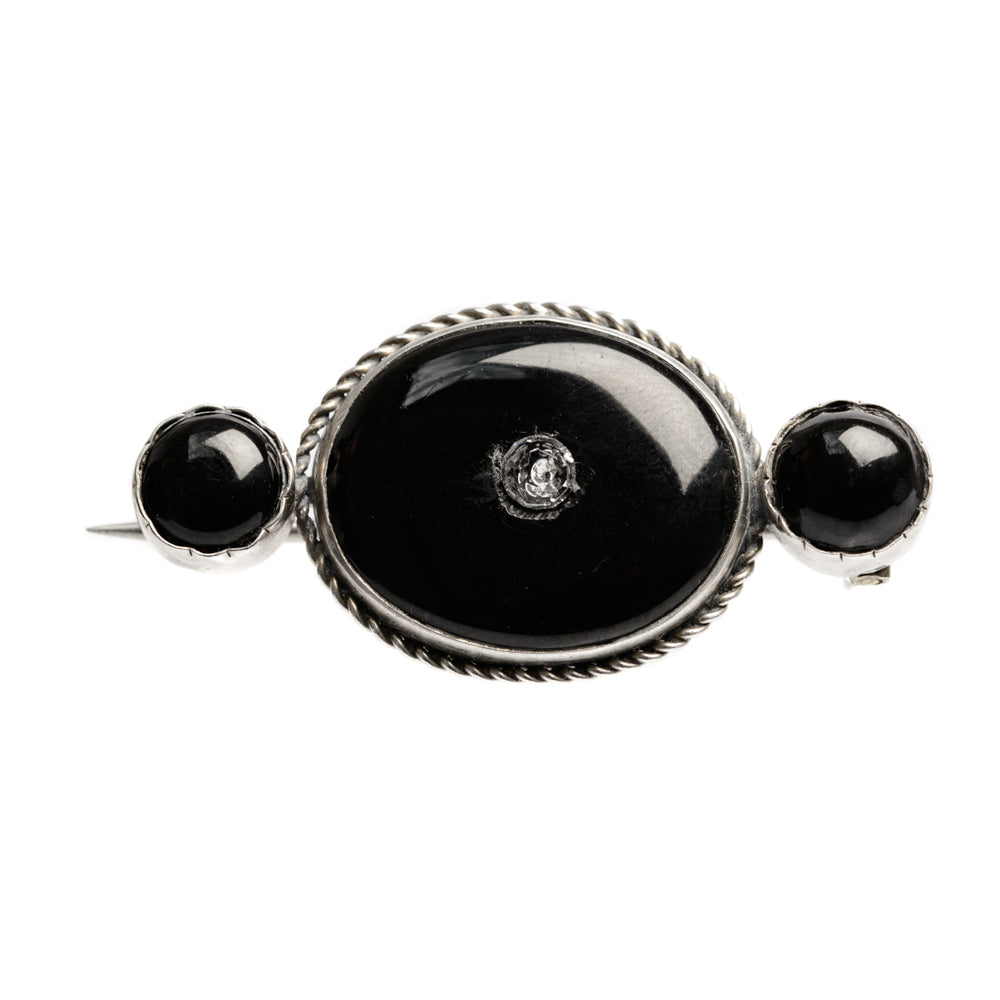 Antique Victorian Polished Whitby Jet & White Metal Mourning Brooch c.1880 (Code A769)
