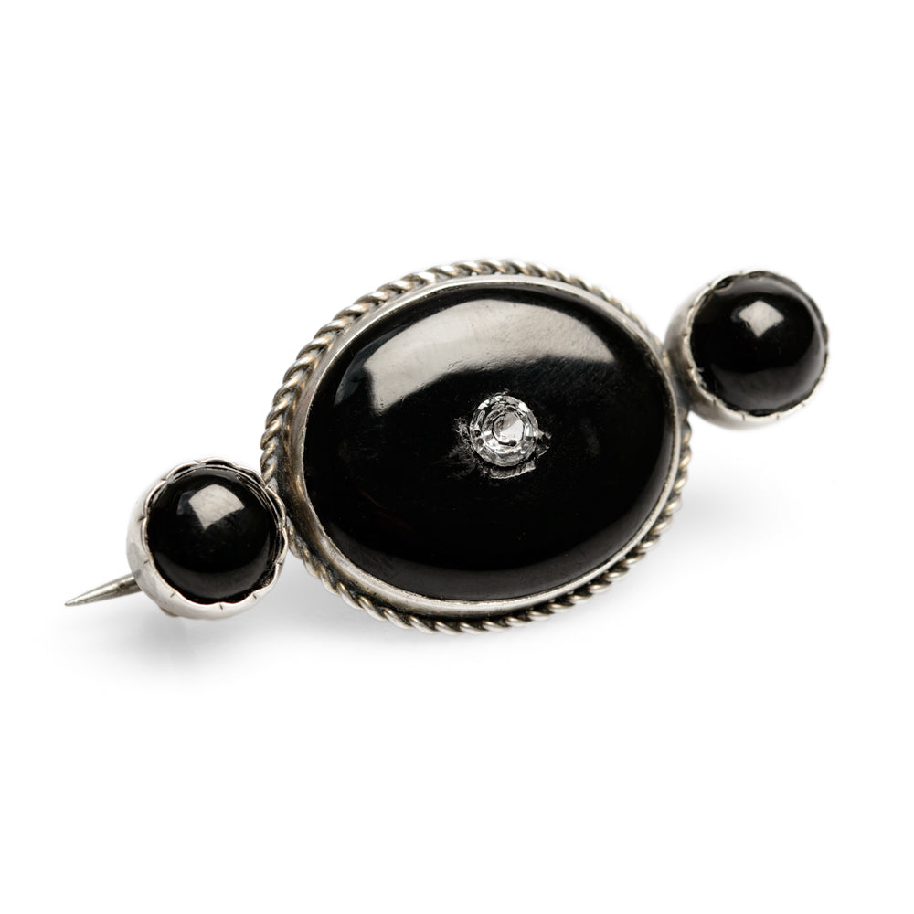 Antique Victorian Polished Whitby Jet & White Metal Mourning Brooch c.1880 (Code A769)