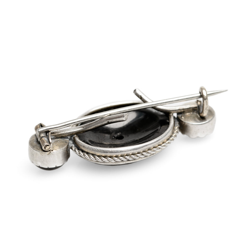 Antique Victorian Polished Whitby Jet & White Metal Mourning Brooch c.1880 (Code A769)