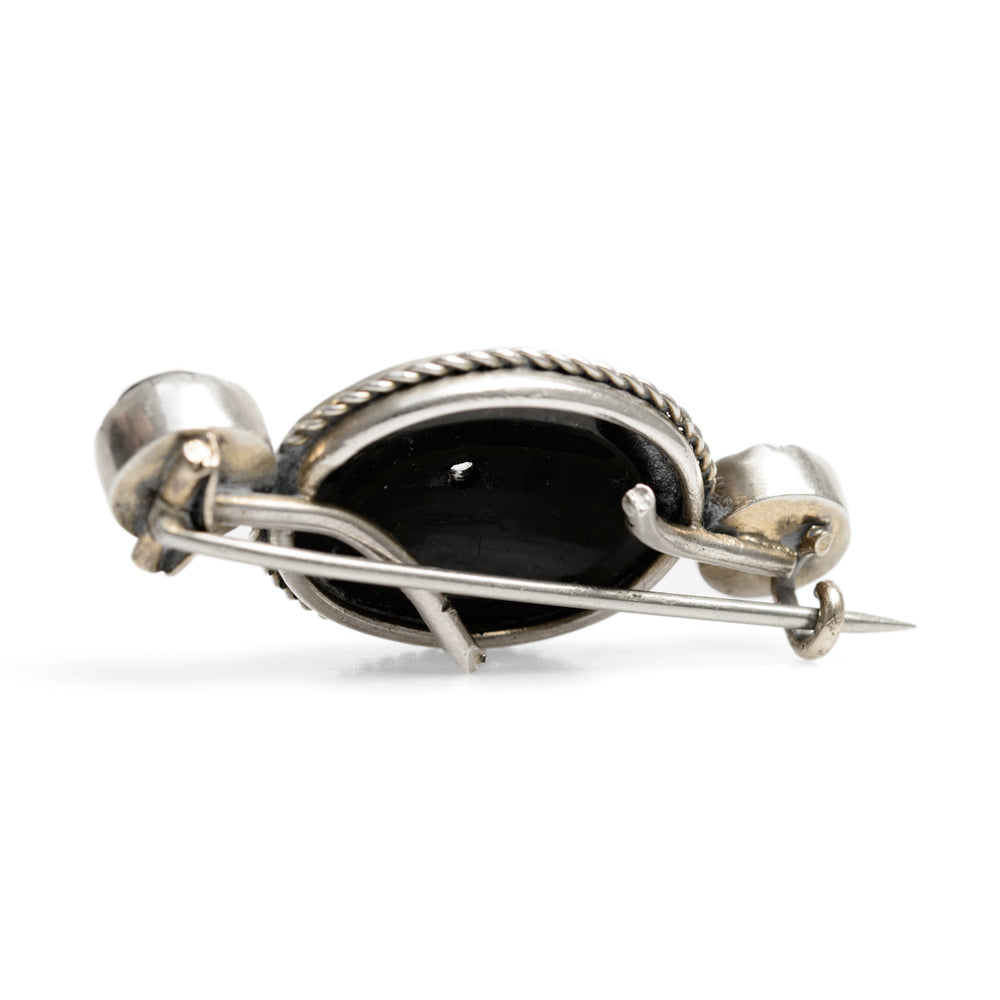 Antique Victorian Polished Whitby Jet & White Metal Mourning Brooch c.1880 (Code A769)
