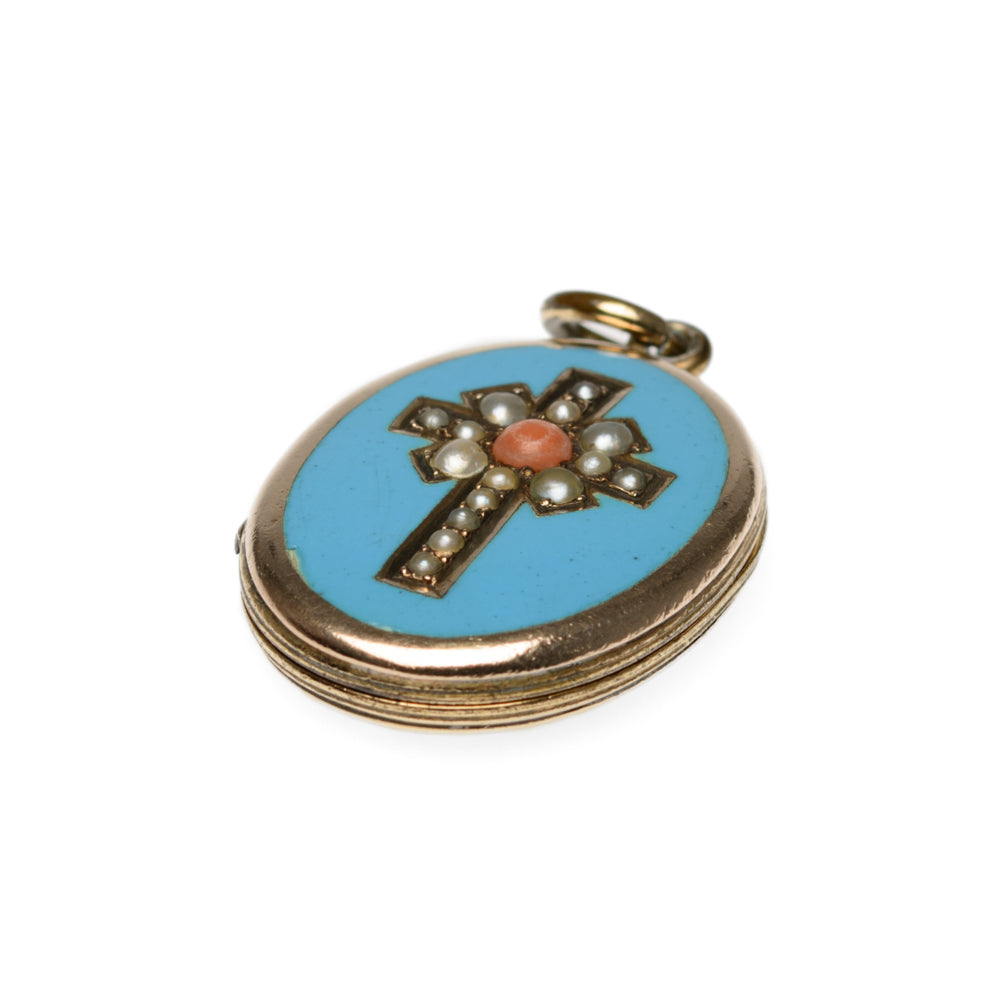 Antique Victorian 9ct Gold Enamel Seed Pearl & Coral Sweetheart Locket Pendant (Code A2022)