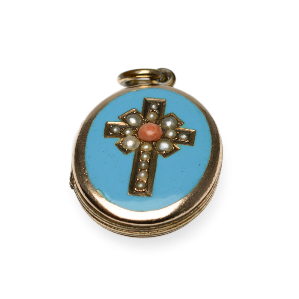 Antique Victorian 9ct Gold Enamel Seed Pearl & Coral Sweetheart Locket Pendant (Code A2022)