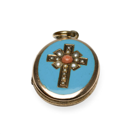 Antique Victorian 9ct Gold Enamel Seed Pearl & Coral Sweetheart Locket Pendant (Code A2022)