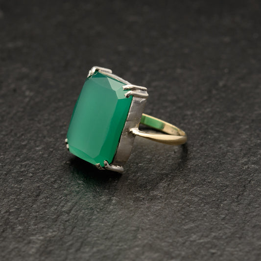Antique 9ct Gold, Sterling Silver & Green Chrysoprase Cabochon Ring c.1920 UK L (Code A779)