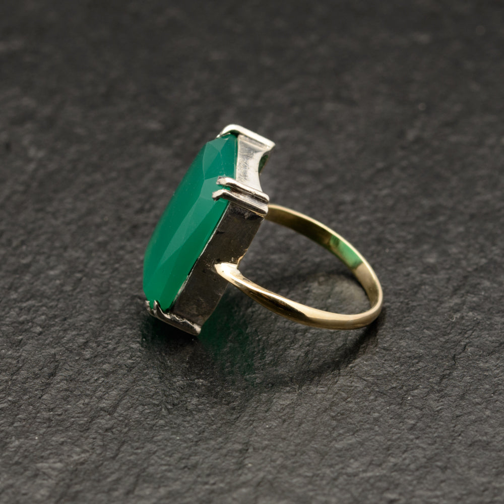 Antique 9ct Gold, Sterling Silver & Green Chrysoprase Cabochon Ring c.1920 UK L (Code A779)
