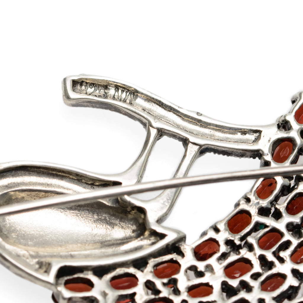 Art Deco Sterling Silver & Garnet Peacock Bird Vintage Large Brooch c.1940  (Code A794)