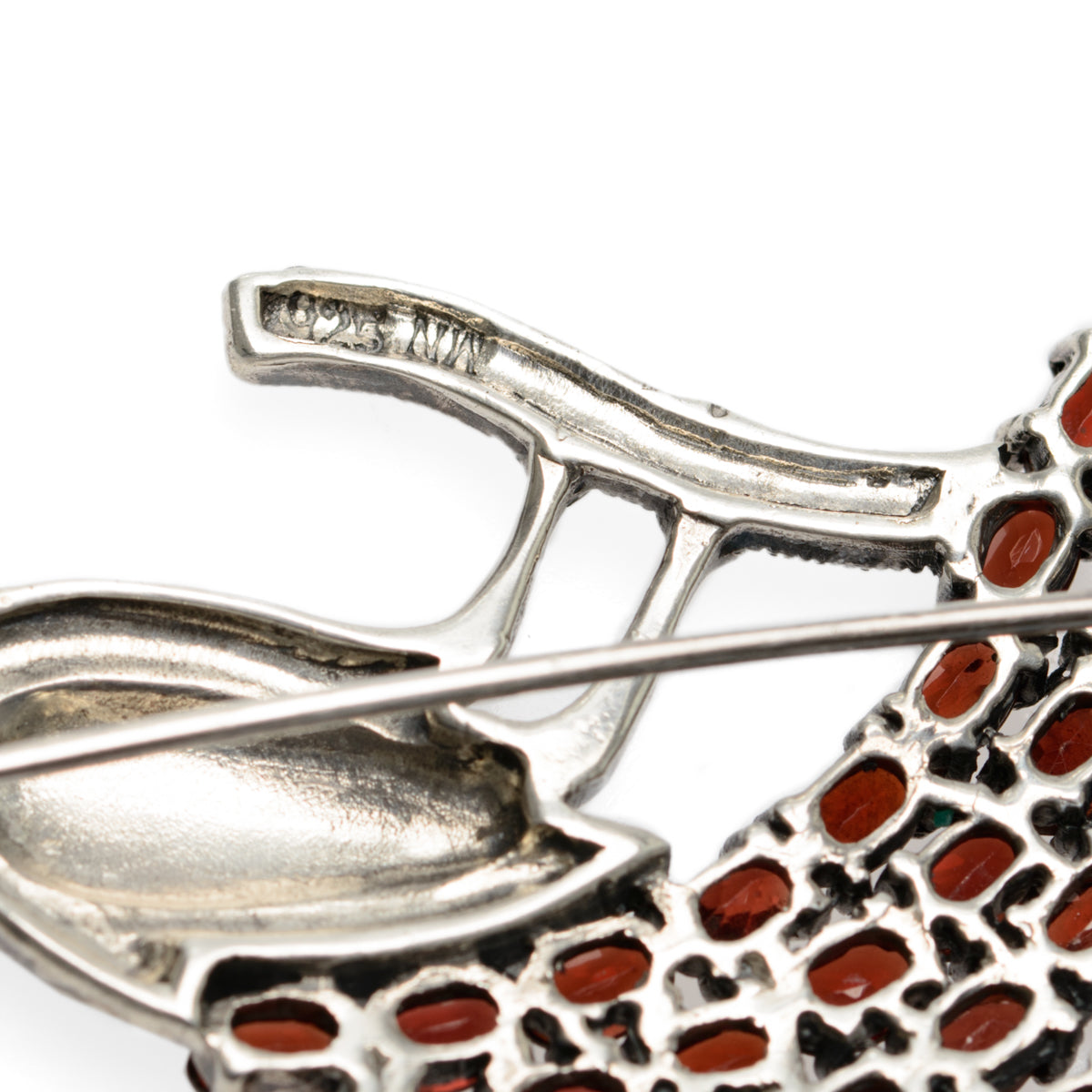 Art Deco Sterling Silver & Garnet Peacock Bird Vintage Large Brooch c.1940  (Code A794)