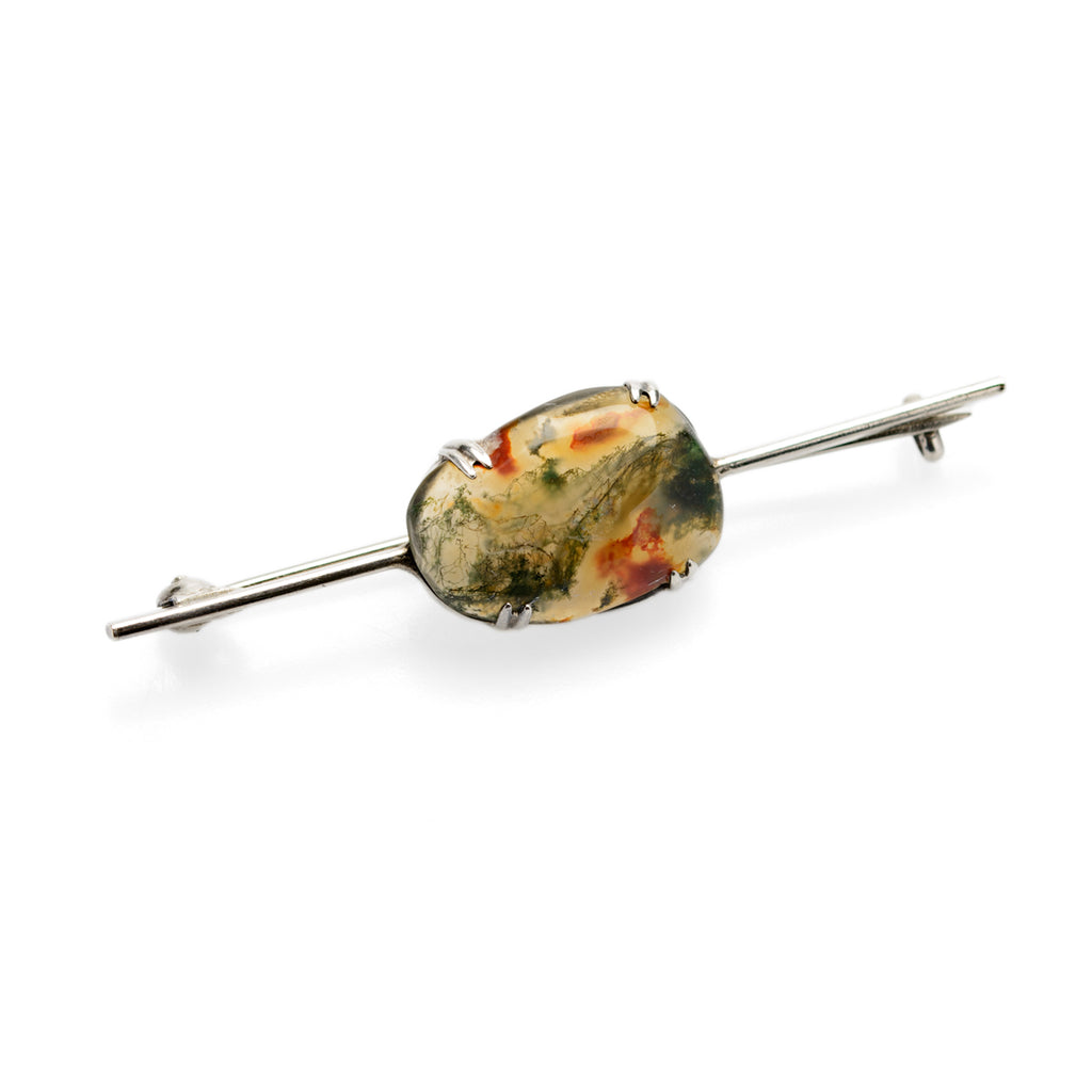 Antique Art Deco Silver & Moss Agate Bar Brooch / Pin c.1920 (Code A801)