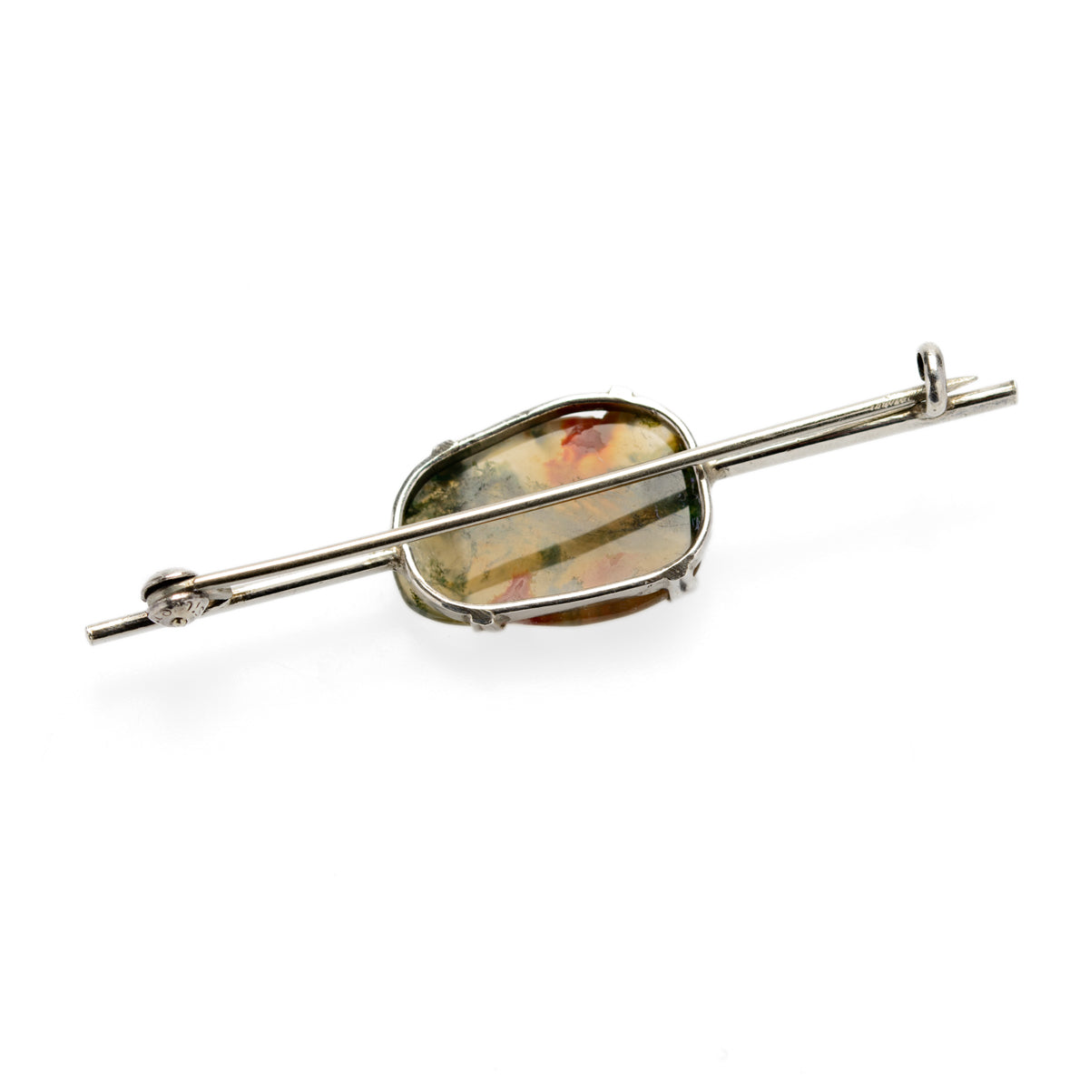 Antique Art Deco Silver & Moss Agate Bar Brooch / Pin c.1920 (Code A801)