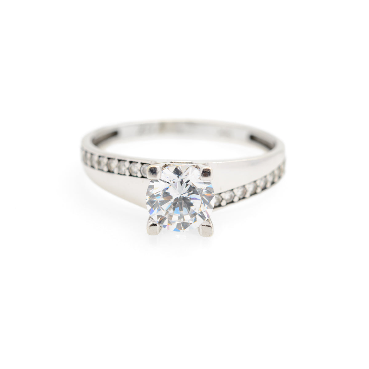 9ct White Gold Cubic Zirconia Solitaire With Accents Ladies Ring Size N1/2 (Code A826)