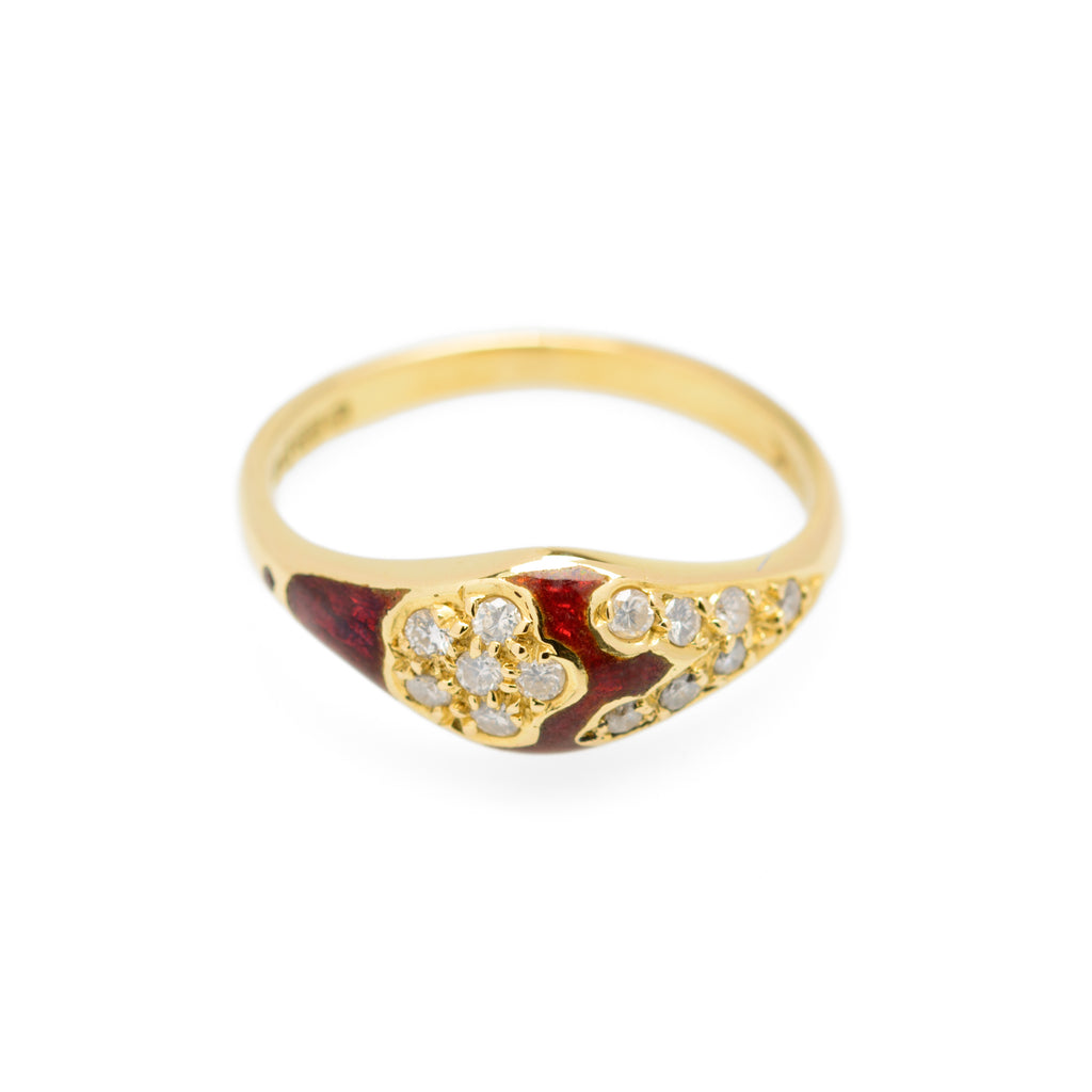 Vintage 18ct Gold Diamond & Red Enamel Ring - UK Size L - Hallmarked London 1989 