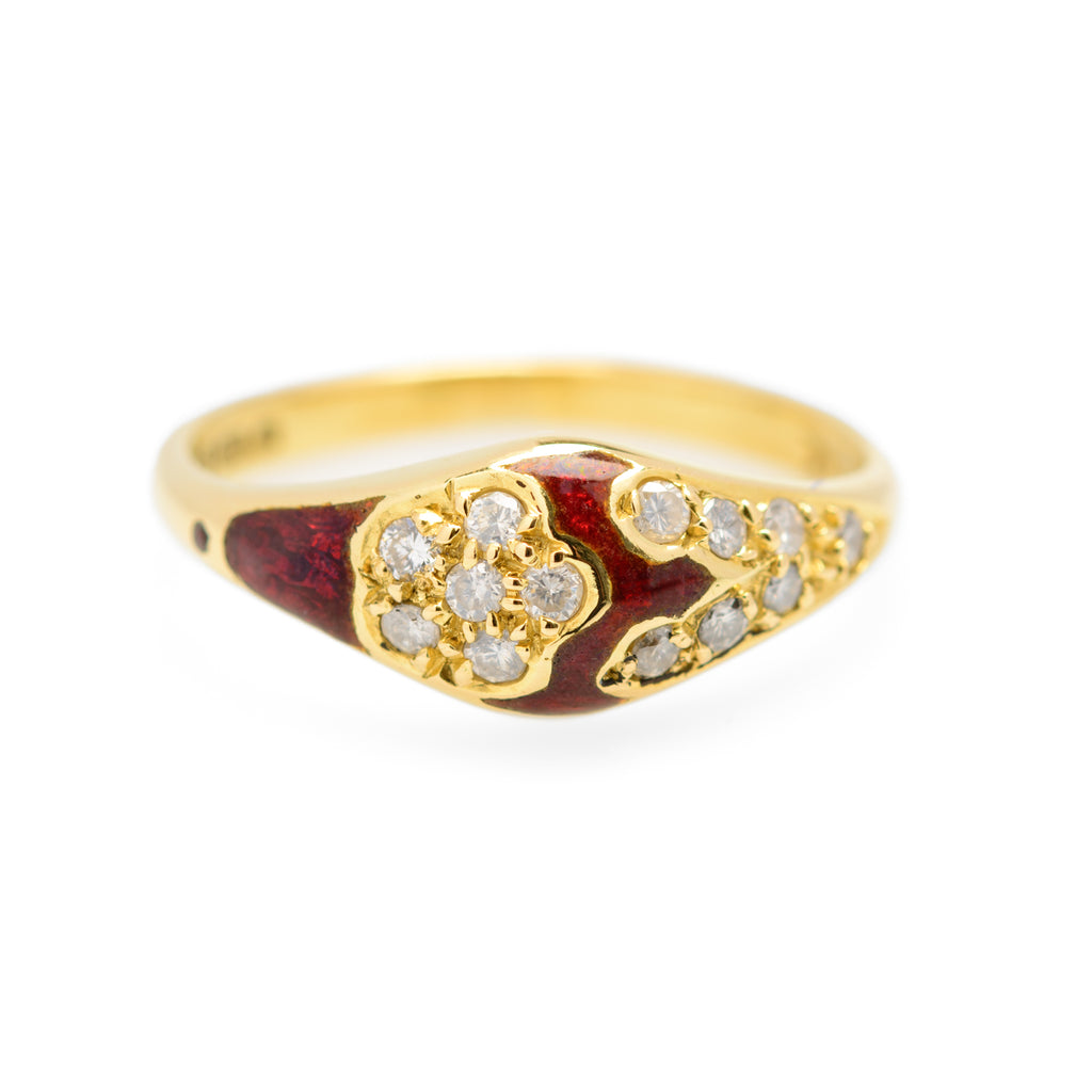 Vintage 18ct Gold Diamond & Red Enamel Ring - UK Size L - Hallmarked London 1989 - A854