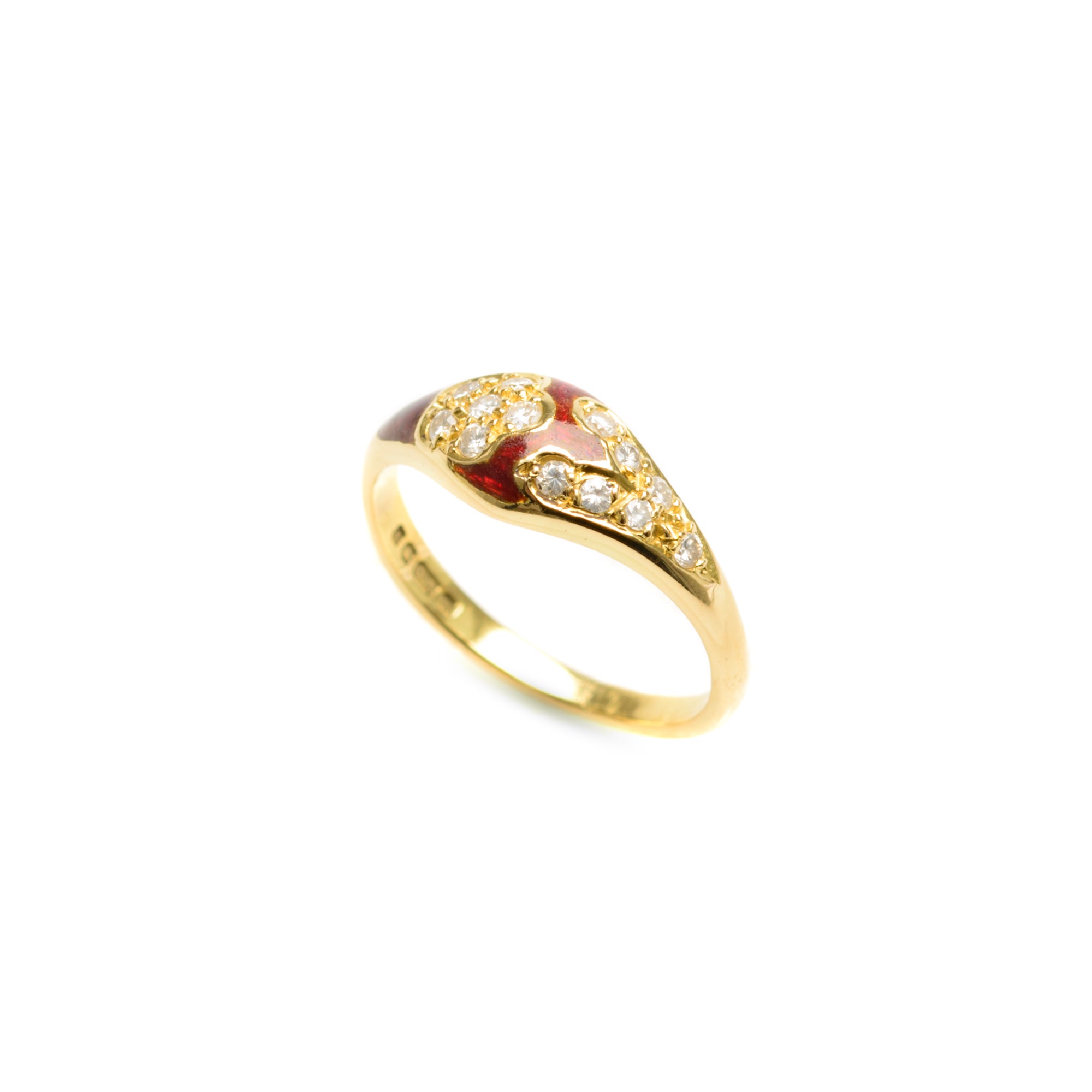 Vintage 18ct Gold Diamond & Red Enamel Elegant Ladies Ring UK Size L  (Code A854)