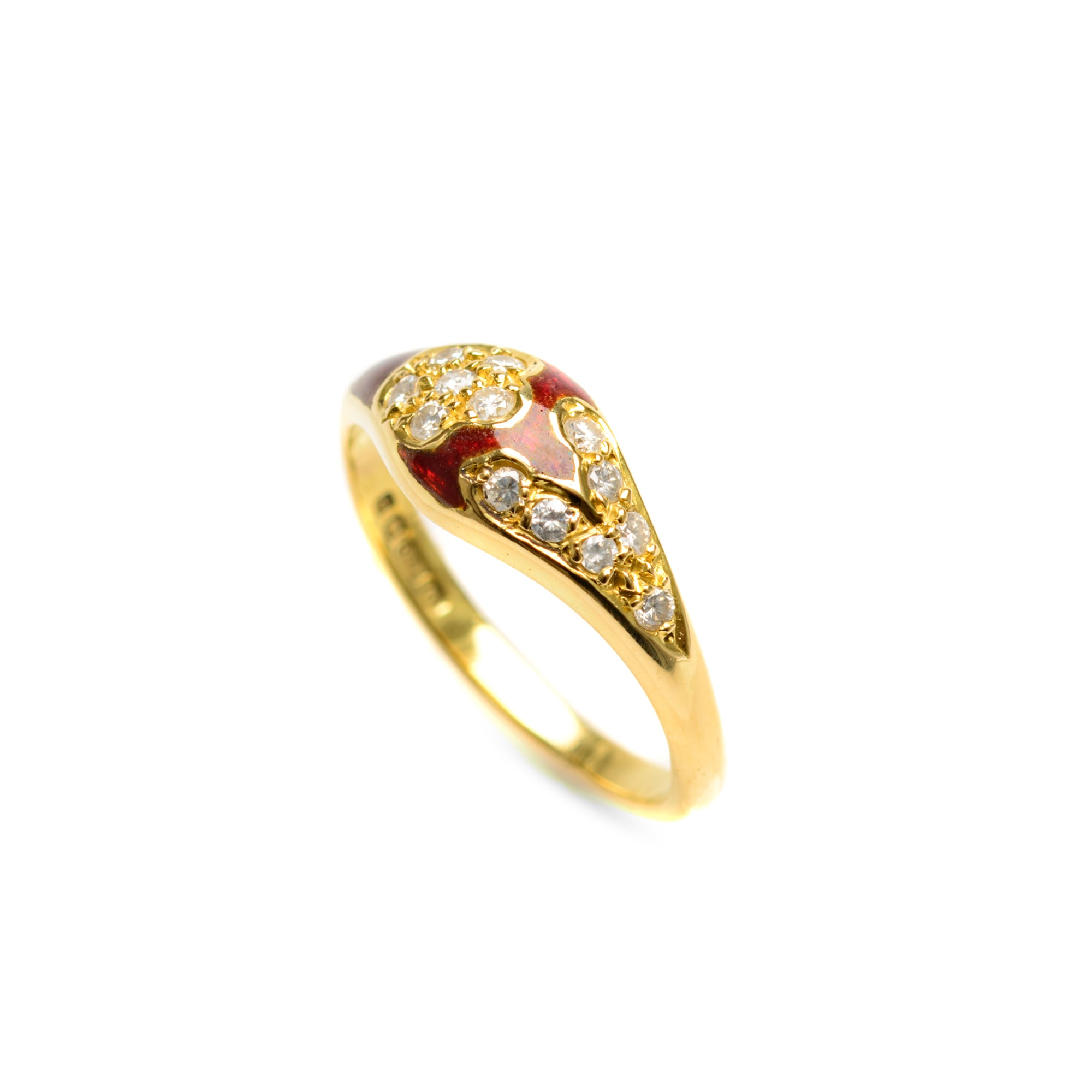 Vintage 18ct Gold Diamond & Red Enamel Ring - UK Size L - Hallmarked London 1989 - A854