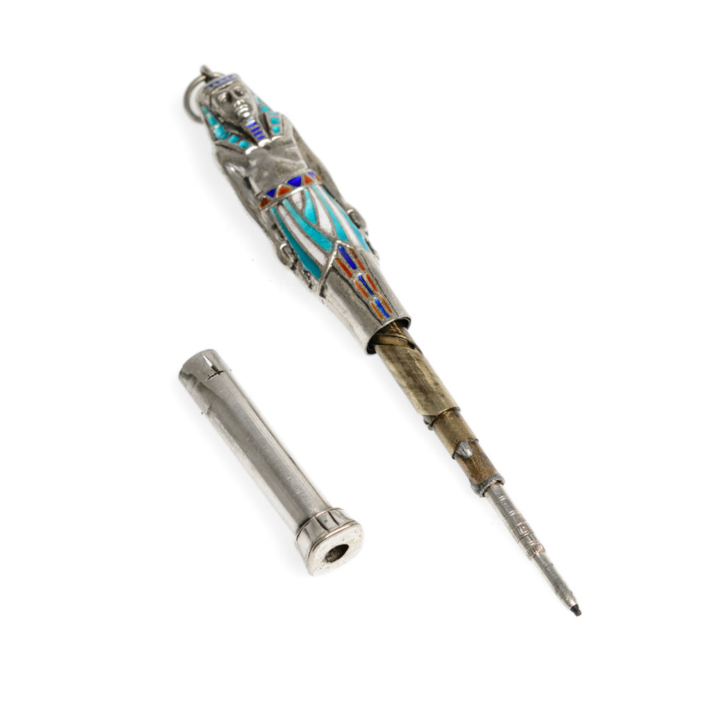 Art Deco Egyptian Revival Silver & Enamel Novelty Propelling Pencil Pendant/Fob (Code A893)