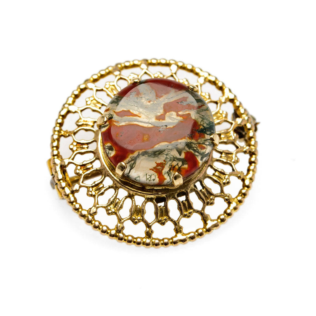 Vintage Mid Century Scottish 9ct Gold & Moss Agate Cabochon Brooch Edinburgh (Code A899)
