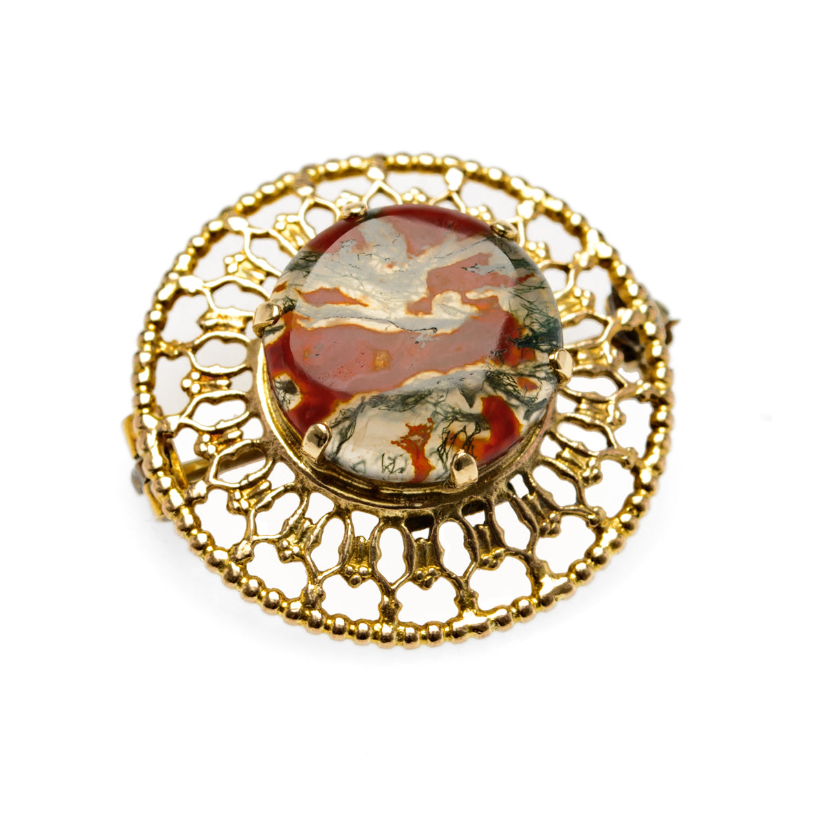 Vintage Mid Century Scottish 9ct Gold & Moss Agate Cabochon Brooch Edinburgh (Code A899)